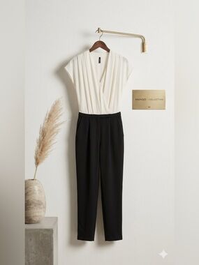 Mango Cream & Black Sleeveless Wrap-Front Jumpsuit